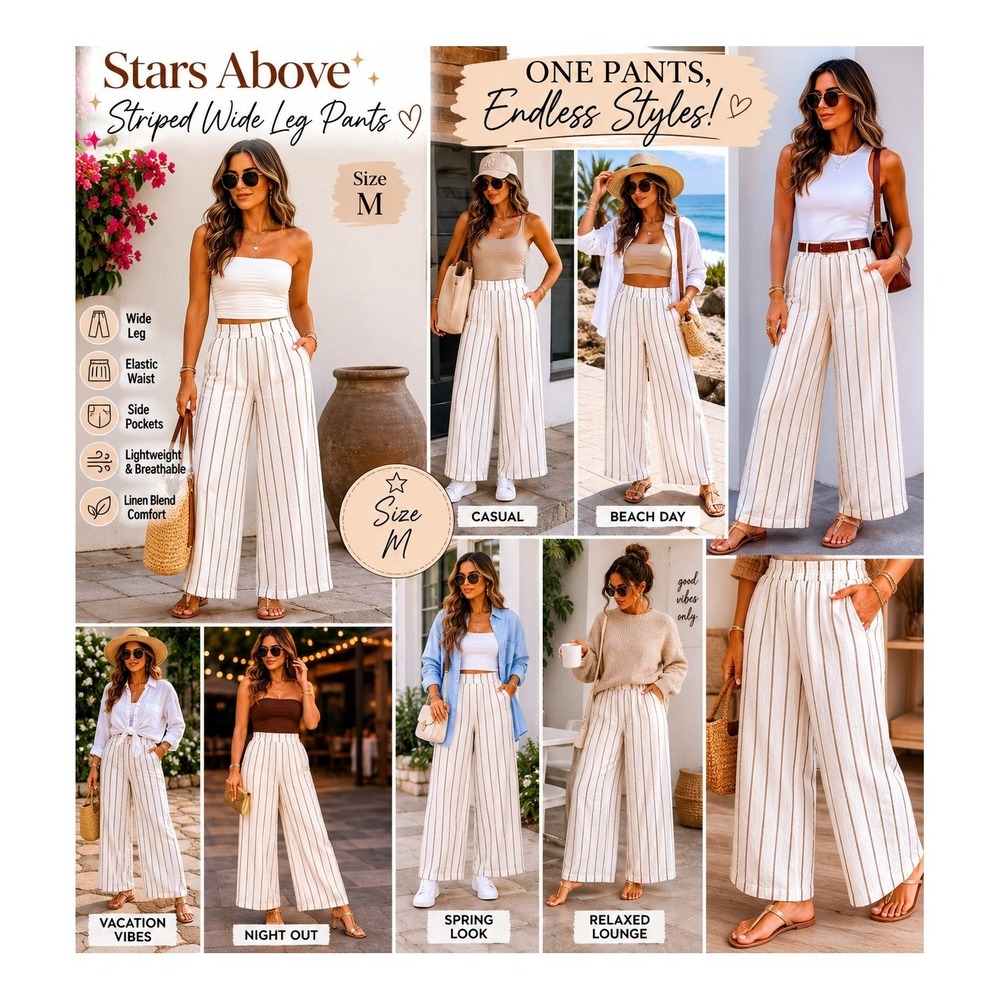 Stars Above Striped Wide Leg Pants Linen Blend Elastic Waist Cream Brown Medium
